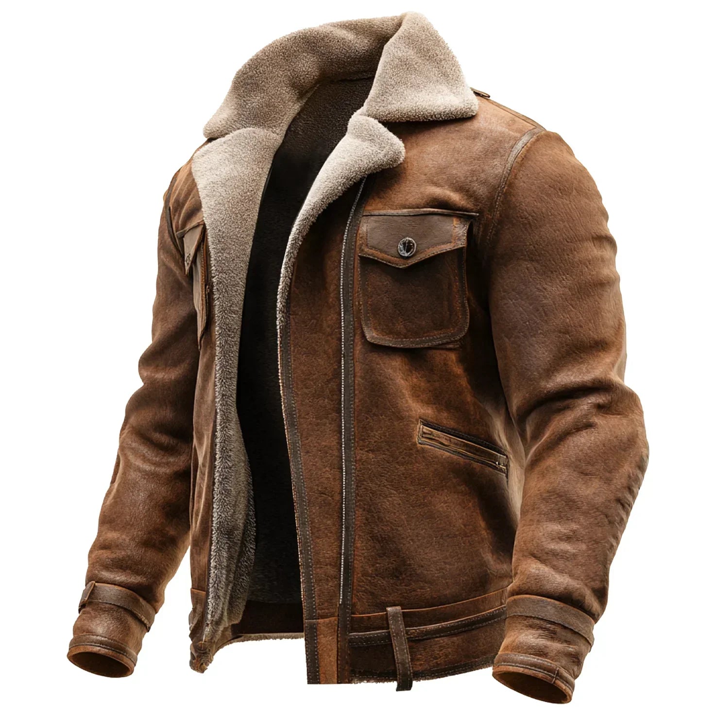 Chaqueta de Cuero Marrón Vintage con Forro de Piel Sintética