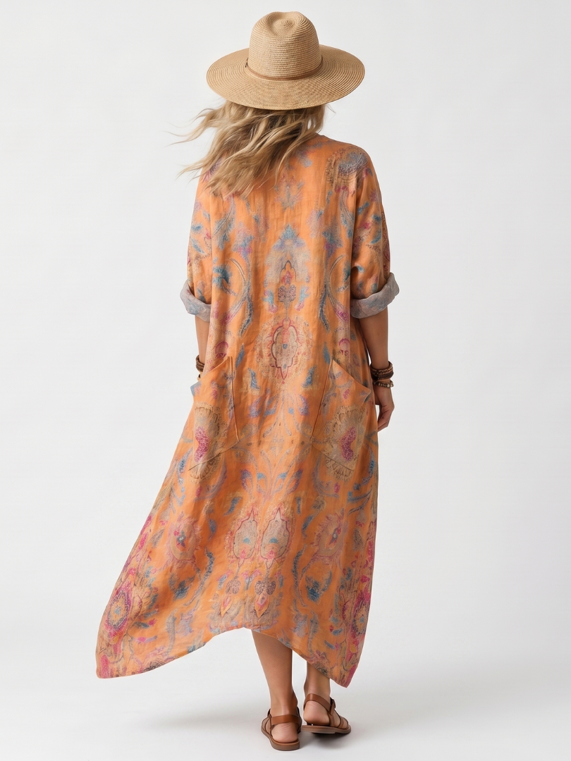 Remi | Vestido midi oversize estampado con cuello de solapa y bolsillos