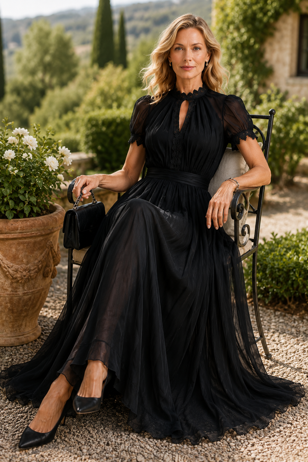 Flavia • Vestido Largo Negro con Escote Tipo Lágrima y Ribete de Encaje