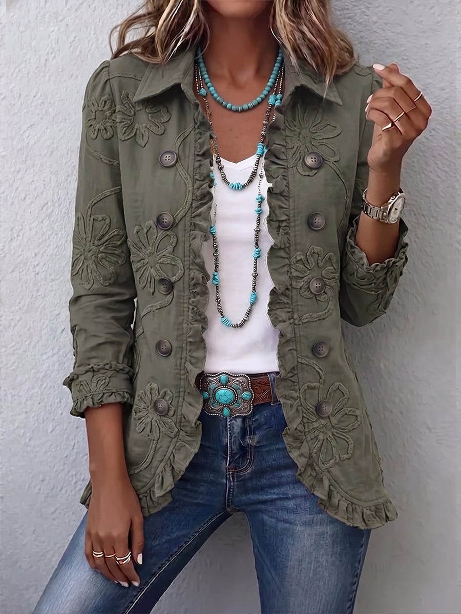 Alexandra | Chaqueta de estilo bohemio-chic bordada con flores verdes retro y ribete fruncido.
